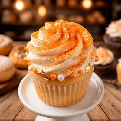 Cupcake decorado com cobertura branca e laranja e pérolas coloridas