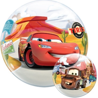 Bolas decorativas transparentes com personagens do filme Cars e cenário desértico