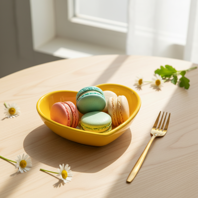 Macarons coloridos numa tigela amarela em forma de coração com flores e uma faca dourada numa mesa de madeira clara