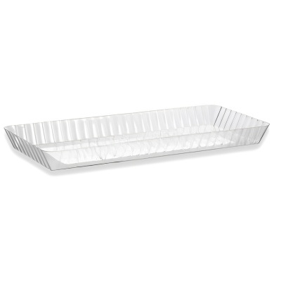 Tabuleiro retangular branco de metal com barra de suporte.