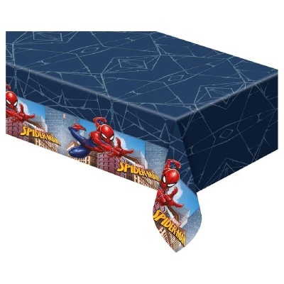 Toalha de mesa azul escuro com Homem-Aranha e texto SPIDERMAN