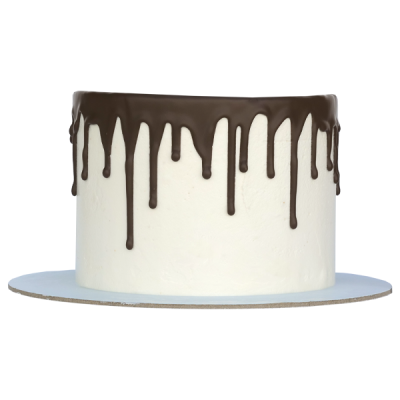 Bolo branco com cobertura de chocolate escuro a escorrer pela lateral