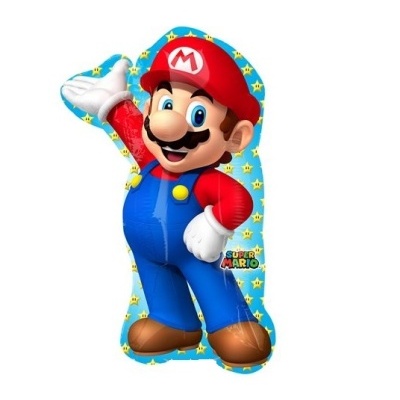 Balão em formato do personagem Super Mario com fundo azul estrelado