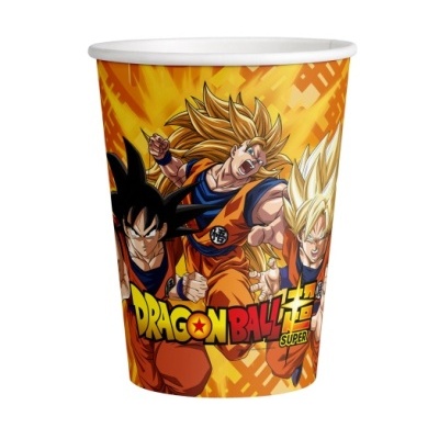 Copo de plástico com personagens do Dragon Ball Super e texto colorido
