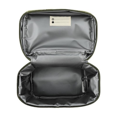 Bolsa de armazenamento verde-oliva com interior acolchoado cinza e etiqueta para escrita