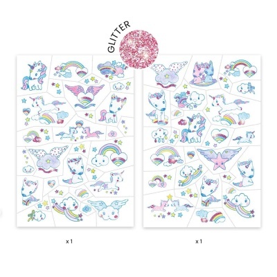 Tatuagens temporárias de unicórnios, nuvens, estrelas, corações e arco-íris com glitter rosa