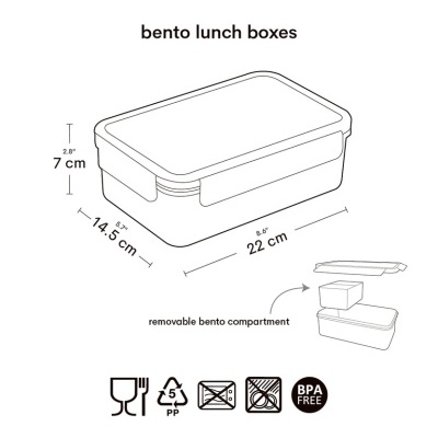 desenho técnico de uma caixa de almoço bento com compartimento removível e ícones de uso