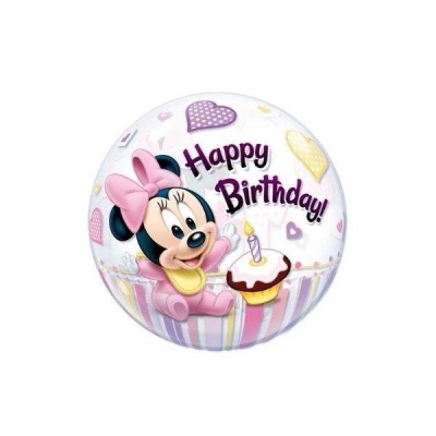 Balão redondo com estampa da Minnie bebé e texto Happy Birthday