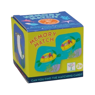 Caixa colorida de jogo Memory Match com ilustrações de animais marinhos.