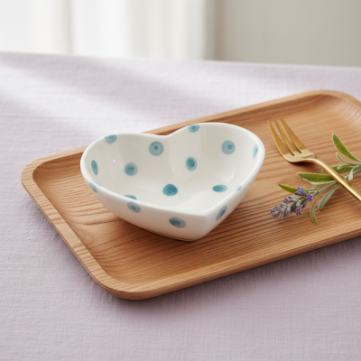 Prato cerâmico em forma de coração com bolinhas azuis sobre tabuleiro de madeira