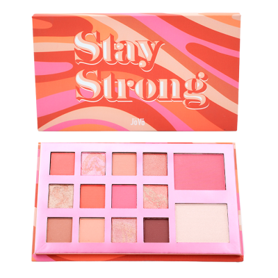 Paleta de maquilhagem com sombras e blush em tons de rosa e castanho