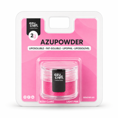 Pó rosa claro AZUPOWDER em embalagem rosa e transparente de plástico.