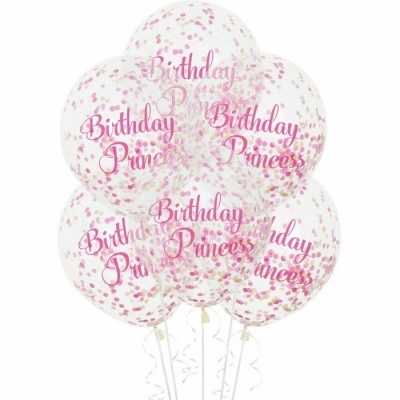 Conjunto de balões transparentes com confetes dourados e rosa e texto Birthday Princess em rosa