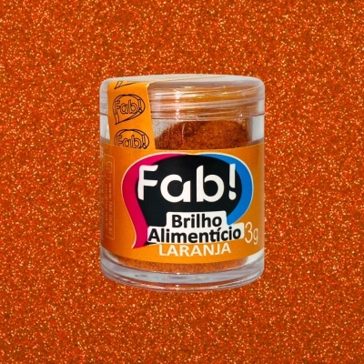 Frasco de brilho alimentício laranja da marca Fab com 3g em fundo brilhante laranja.