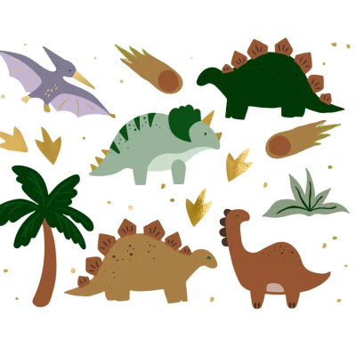 Ilustração de dinossauros coloridos com folhas e meteoritos