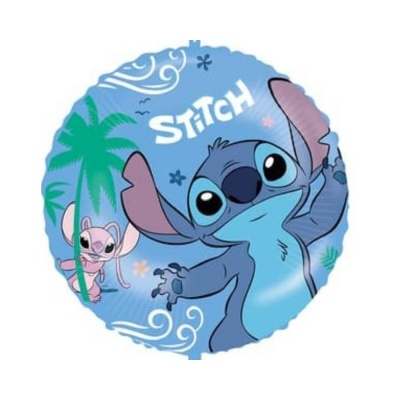 Balão redondo azul com personagens Stitch e Angel e texto STITCH