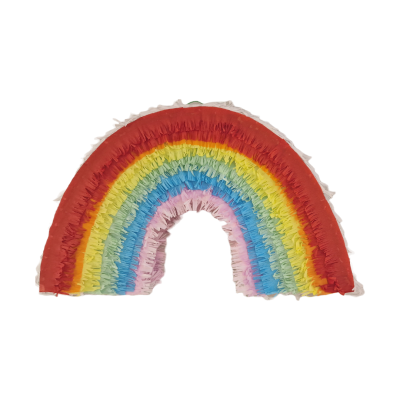 Piñata em forma de arco-íris colorido com várias camadas de papel dobrado.