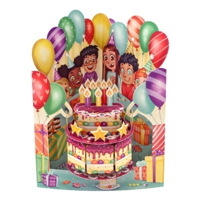 Cartão pop-up de aniversário com bolo, velas, crianças, balões e presentes coloridos