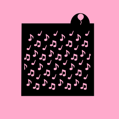 Bolsa preta com padrão de notas musicais rosa sobre fundo rosa