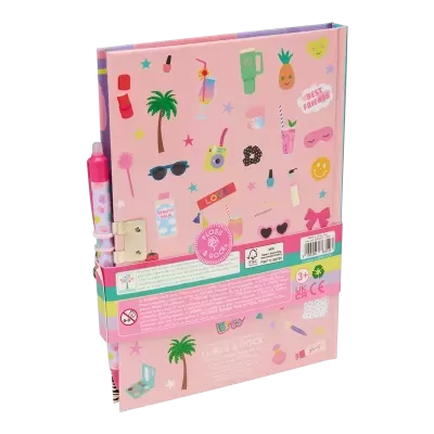 Caderno rosa decorado com desenhos coloridos e caneta rosa na lateral