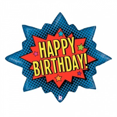 Balão estrela azul e vermelho com texto Happy Birthday