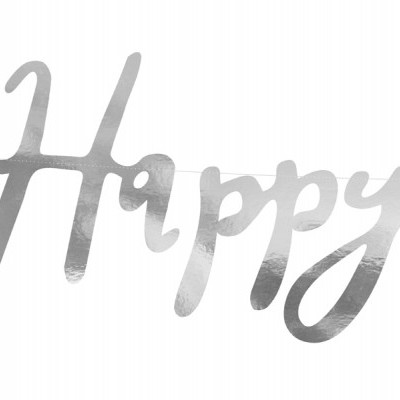 Decoração de festa prateada que diz 'Happy'