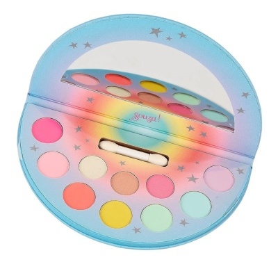 Paleta de maquilhagem redonda com várias sombras de cores e espelho interior