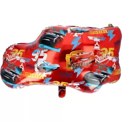 Balão metalizado em forma de carro com personagens do filme Cars e texto Rust-eze e Lightning McQueen