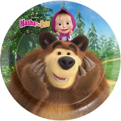 Prato plástico redondo com imagem de Masha e o Urso em fundo de floresta