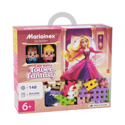 Embalagem do jogo de construção Marionex Mini Waffle Tower of Fantasy com peças coloridas e duas figuras de personagens