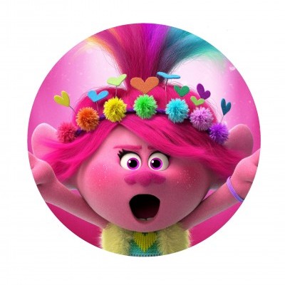 Personagem animada cor-de-rosa com cabelo colorido e coroa com pompons coloridos