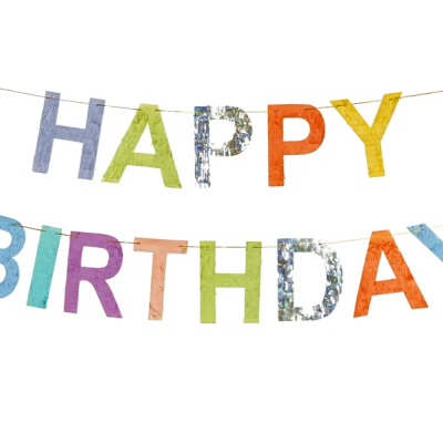 Decoração pendurada de festa com letras coloridas HAPPY BIRTHDAY em papel brilhante