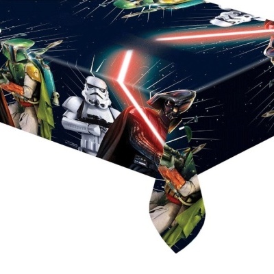 Toalha de mesa com estampa Star Wars e personagens em fundo espacial