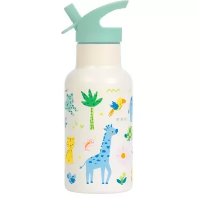 Garrafa de água infantil com decoração de animais e tampa verde água