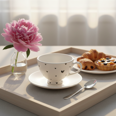 Tabuleiro com chávena decorada com corações, doces e flor rosa