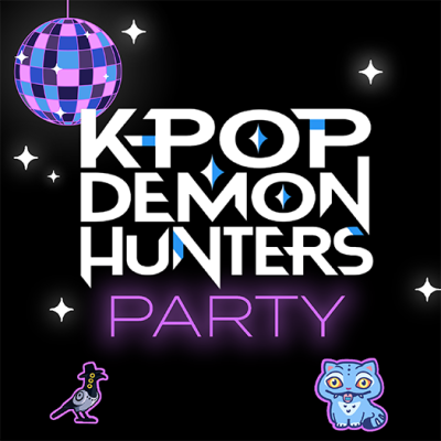 Texto K-POP DEMON HUNTERS PARTY com bola de discoteca e desenhos de pássaro e gato cartoon