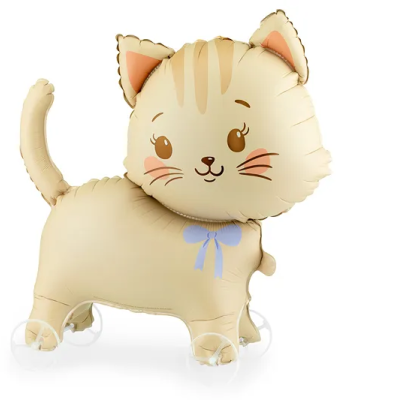 Balão em formato de gato castanho claro com laço azul e rodas transparentes