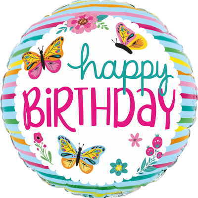 Balão colorido de aniversário com texto 'happy BIRTHDAY', borboletas e flores.