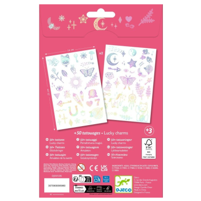 Embalagem rosa de tatuagens temporárias Lucky charms com desenhos coloridos