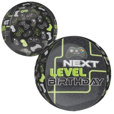 Bola preta com comandos de videojogos e texto 'NEXT LEVEL BIRTHDAY'