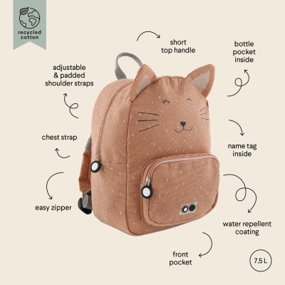 Mochila pequena rosa claro com orelhas e rosto de gato, com várias funcionalidades indicadas