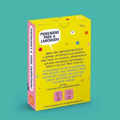 Caixa amarela e rosa com design colorido e texto em português sobre mensagens para lancheira