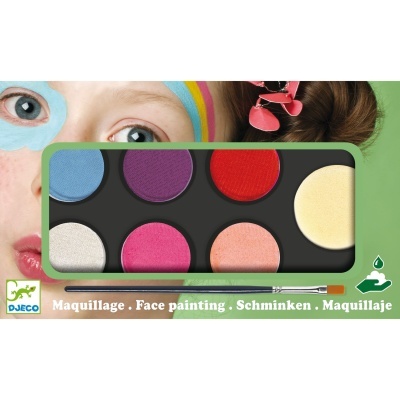 Conjunto de pinturas para rosto com seis cores e pincel, embalagem verde e preto da marca DJECO
