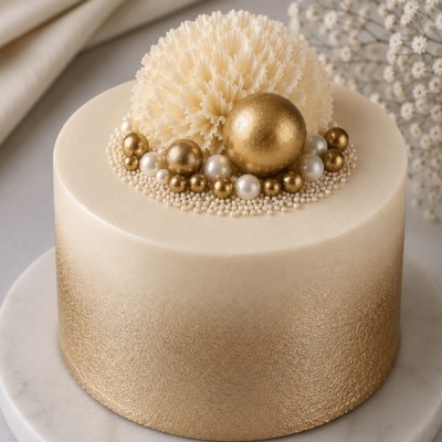 Bolo redondo branco com acabamento dourado texturizado e decoração de pérolas e esfera dourada
