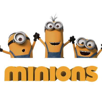 Três Minions sorridentes em macacão azul com o texto 'minions' em amarelo em primeiro plano.