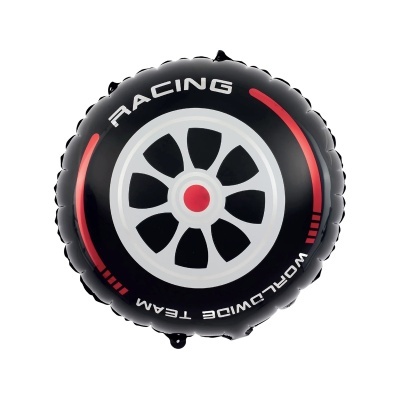 Balão redondo preto com design de pneu de corrida e texto RACING WORLDWIDE TEAM