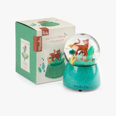 Globo de neve musical com base verde e decoração de gato e plantas