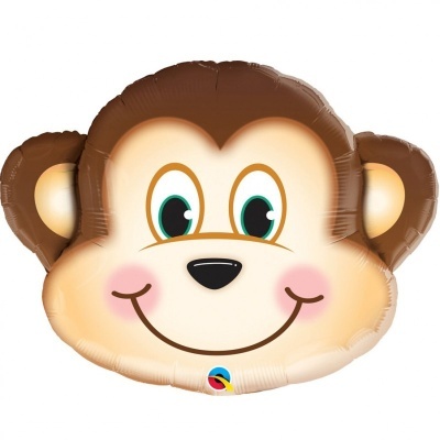 Balão metálico formato cabeça de macaco sorridente com olhos verdes