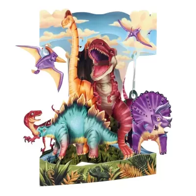 Mobile infantil de dinossauros coloridos em papel com cenário de céu e plantas