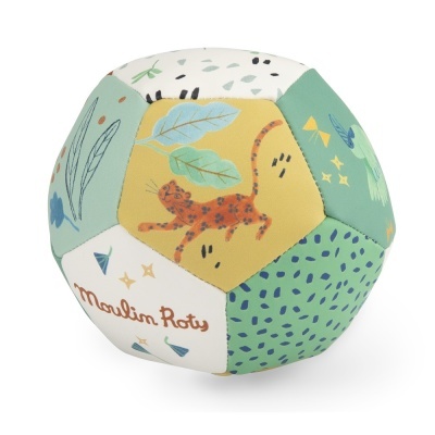 Bola macia infantil com estampas coloridas e texto Moulin Roty
